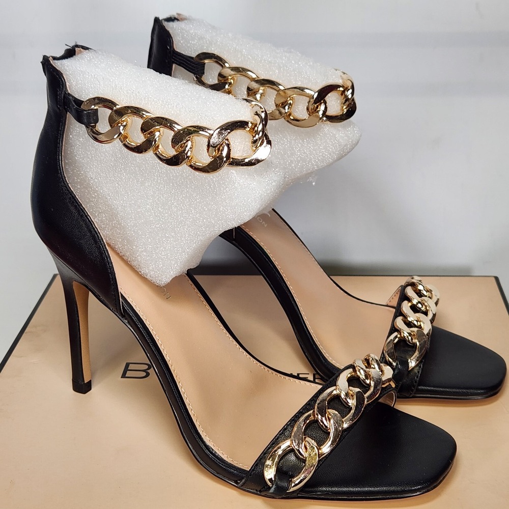 BCBGeneration Isinna Black Leather Gold Chain Link Stiletto Heel Sandals 8M NEW